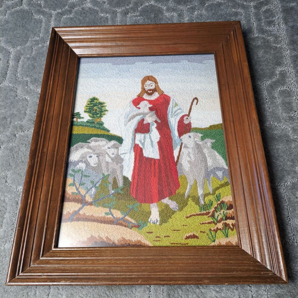 VTG Jesus THE SHEPERD Cross Stitch Wood Frame TAPESTRY RELIGIOUS WALL DECOR